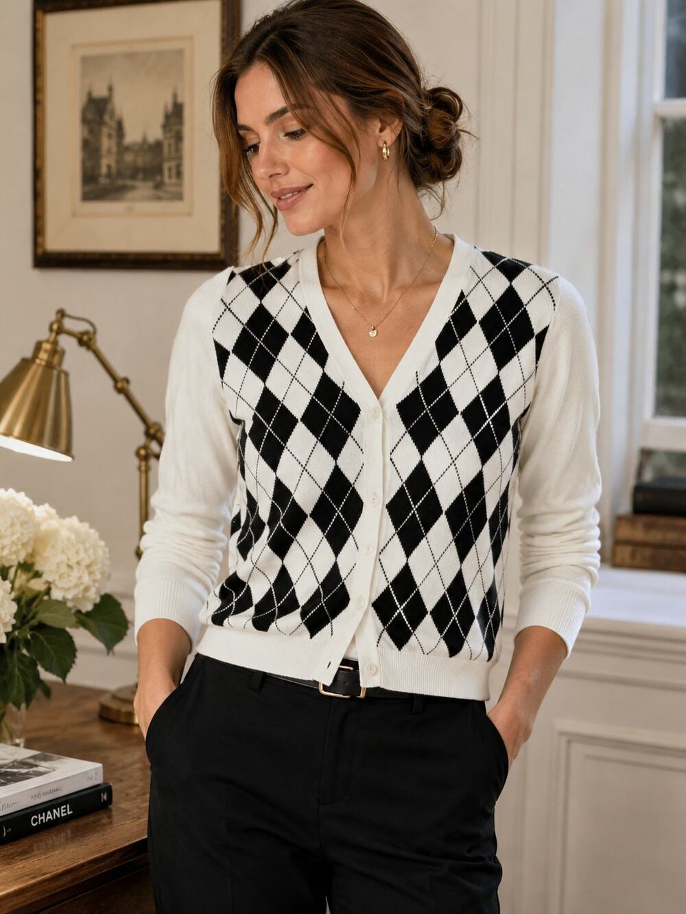 Brooks Brothers 346 Supima Cotton  Cardigan Sweater White Black Button Front M
